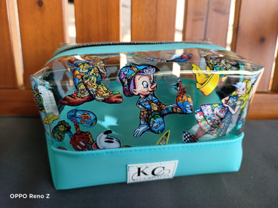 Clear vinyl boxy bag teal characters